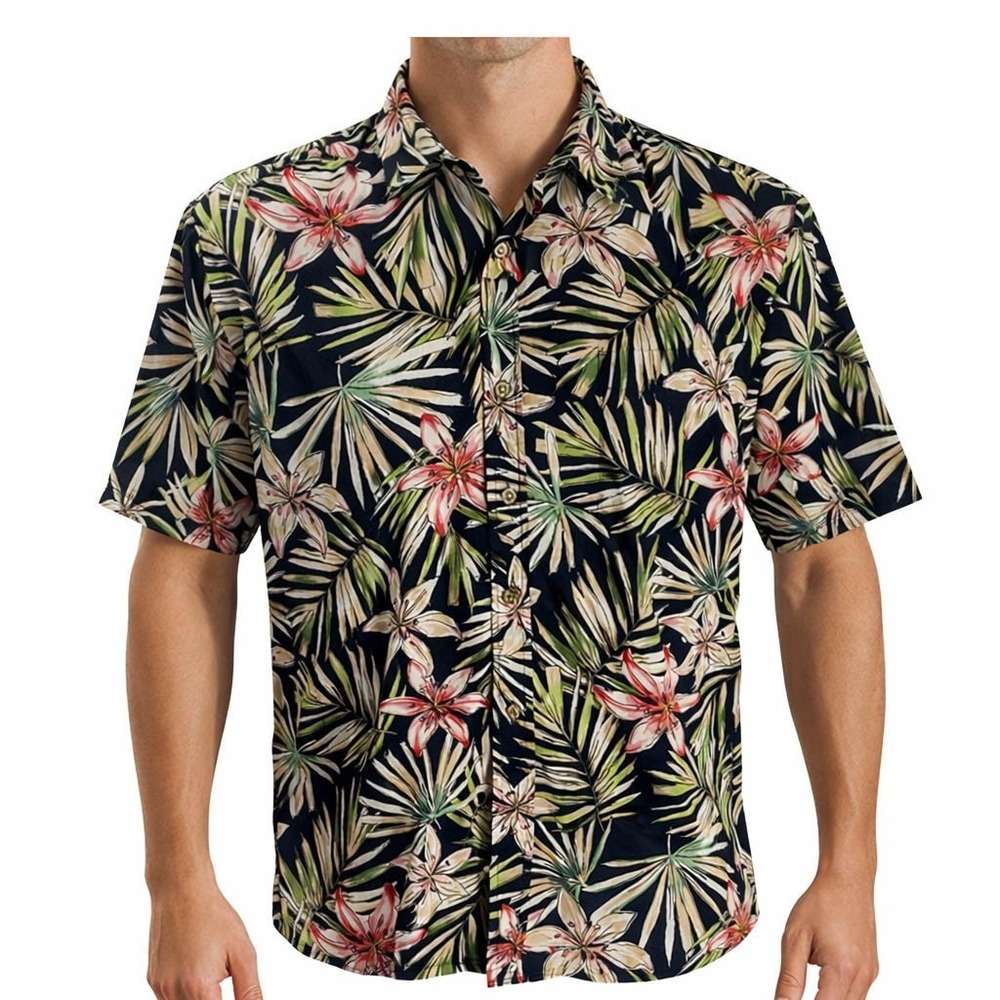 Cooke Street Hawaiian Aloha Shirt Large Floral Tropical Flowers Black Green Pink